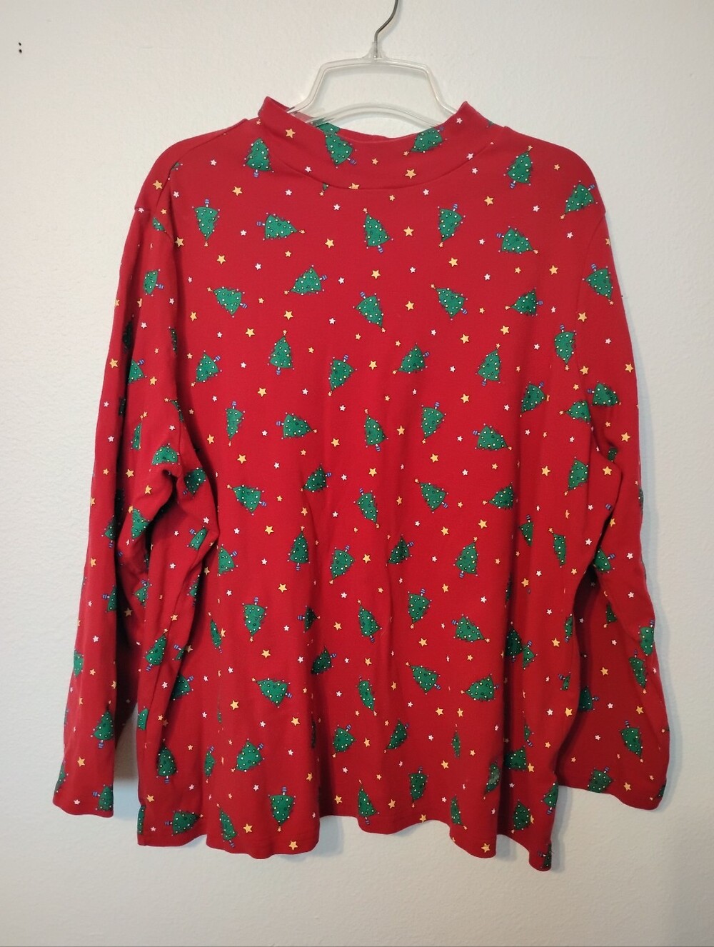 Holiday Editions Christmas Tree Stars All Over Print Mock Neck Long Sleeve Shirt